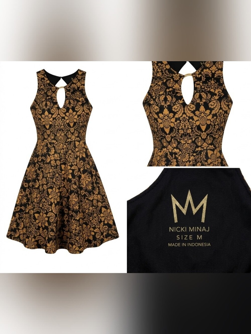 Nicki Minaj Gold & Black Damask Keyhole Fit-and-Flare Dress, Size Medium